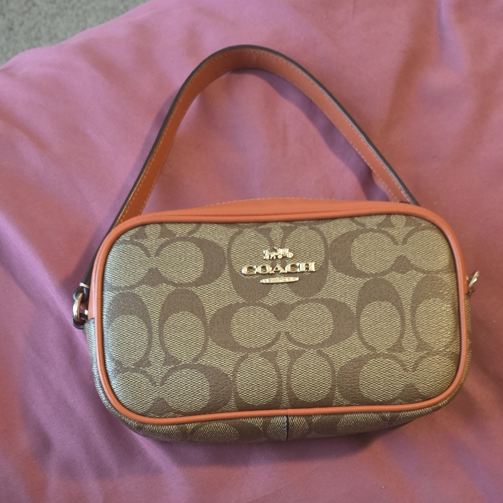 COACH Signature Canvas Small Shoulder Bag in Brown with Tan Trim